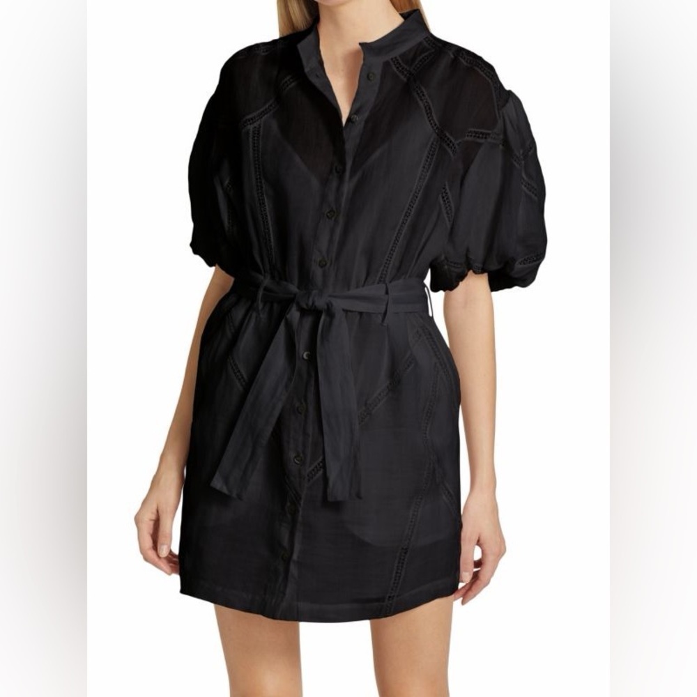 FRAME $495 Inset Lace Puff Sleeve Mini Dress Eyelet Black NWOT Size Small